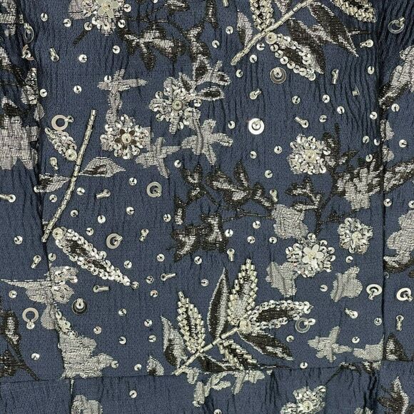 Theia Metallic Floral Jacquard A-Line Dress Knee Length Beaded Sequin Blue 2 - Picture 11 of 15